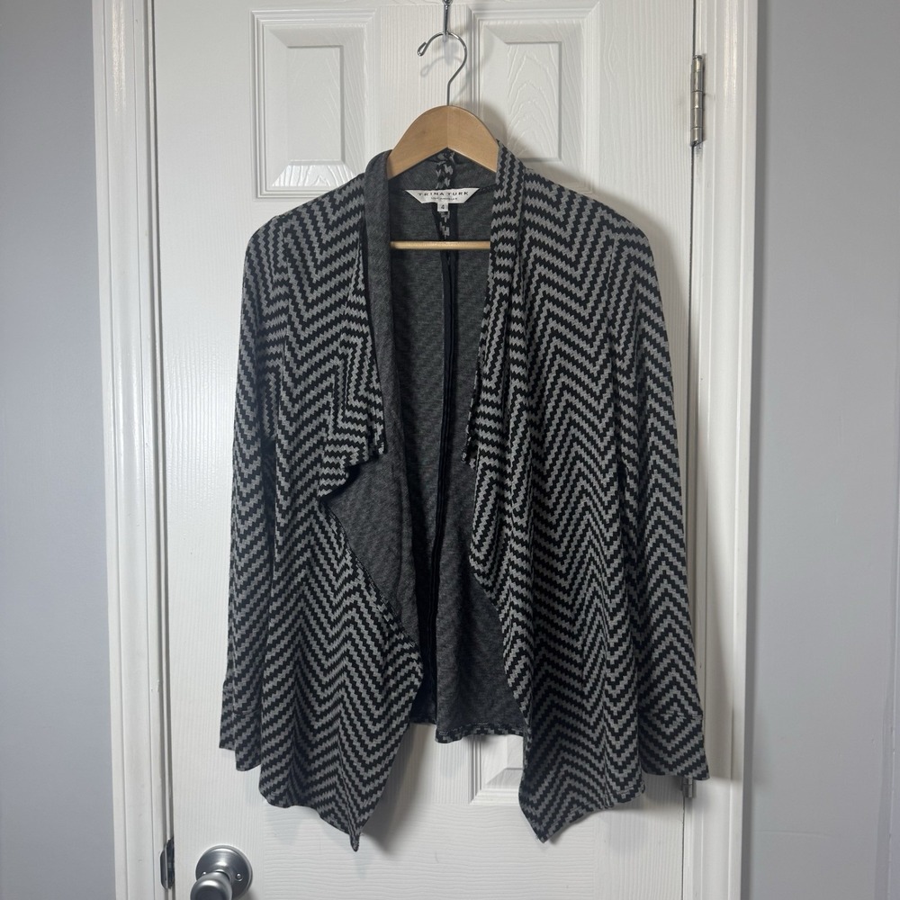 Trina Turk Cardigan Women 4 Grey Chevron Knit Waterfront Stretch Open Front USA